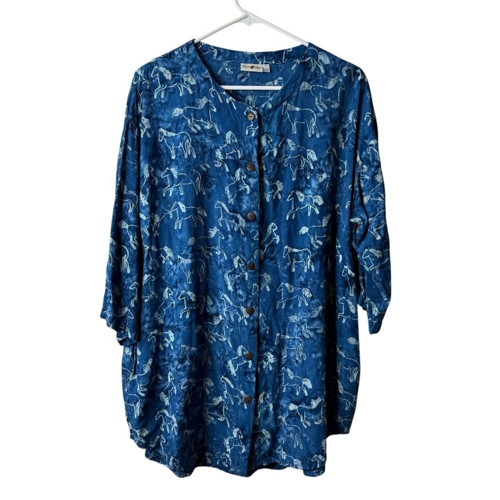 Equi Style Blue Horse Equestrian Button Front 3/4 Sleeve Tunic Blouse